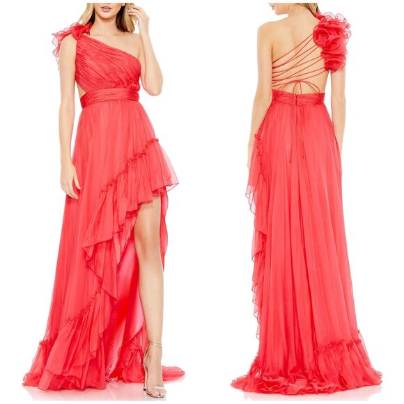 Mac Duggal NWT Ruffled One Shoulder Asymmetrical Gown Cherry Pink Size 0 Chiffon - Picture 1 of 8